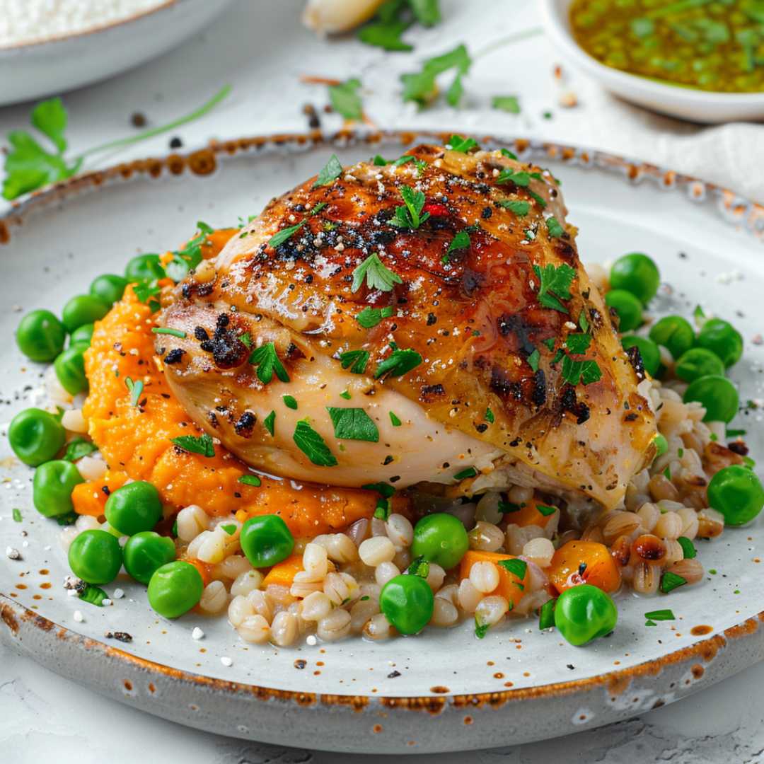 PIECZONY KURCZAK Z KASZĄ I MARCHEWKOWYM PUREE